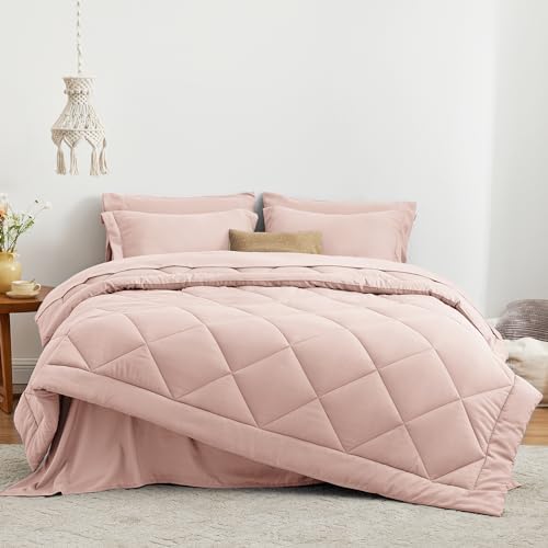 Love's cabin Queen Comforter Set Pink, 7 Pieces Queen Bed in a Bag, All Season Bedding Sets with 1 Comforter, 1 Flat Sheet, 1 Fitted Sheet, 2 Pillowcase and 2 Pillow Sham
