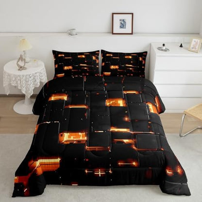 Feelyou Black Yellow Square Ombre Comforter Set King Size Kids 3D Rendering Abstract Art Comforter for Boys Girls Teens Modern Fashion Bedding Set Stripes Duvet Set Room Decor
