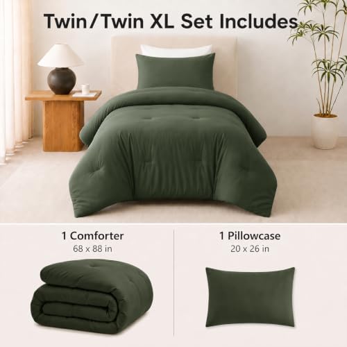 CozyLux Twin Comforter Set, 2 Pieces Down Alternative Bedding, Dark Green