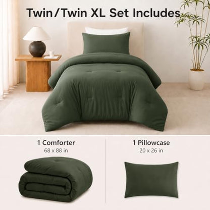 CozyLux Twin Comforter Set, 2 Pieces Down Alternative Bedding, Dark Green