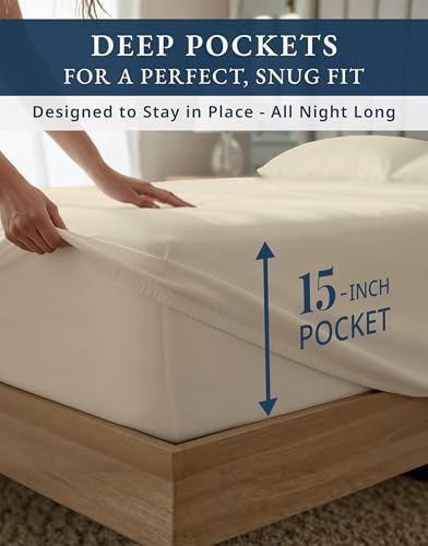LANE LINEN 100% Egyptian Cotton Sheets California King Sateen Weave - Ivory