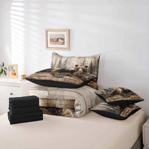 Erosebridal Brown Bear Twin Comforter Set with Sheets 7 Piece Rustic Farmhouse Cabin Bed in A Bag Country Hunting Wildlife Bedding Sets for Women Men Forest Wild Animal Bed Set