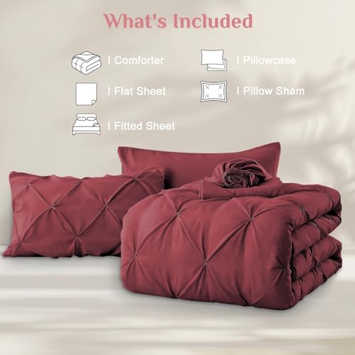 JOLLYVOGUE Twin Comforter Set 5 Pieces - Bed in a Bag Twin for All Season, Pintuck Bedding Comforter Sets with Comforter, Flat Sheet, Fitted Sheet and Pillowcases & Shams, Burgundy