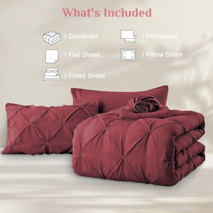 JOLLYVOGUE Twin Comforter Set 5 Pieces - Bed in a Bag Twin for All Season, Pintuck Bedding Comforter Sets with Comforter, Flat Sheet, Fitted Sheet and Pillowcases & Shams, Burgundy