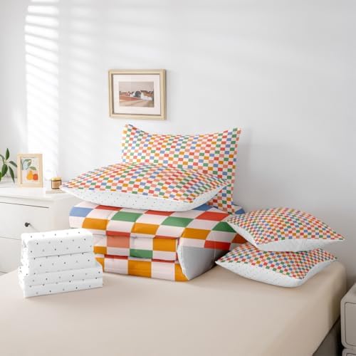 jejeloiu Orange Blue Green Comforter Set with Sheets 7 Piece Queen Size