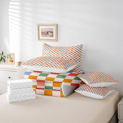 jejeloiu Orange Blue Green Bedding Set 7Pcs Full Size Kids Plaid Checkered Comforter Set with Sheets for Boys Girls Classic Grid Buffalo Check Bed in a Bag Soft Lightweight,Microfiber