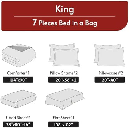 MUXHOMO 7 Pieces King Comforter Set, Reversible Bed in a Bag King Size, All Season Bedding Set with Comforter, Flat Sheet, Fitted Sheet, Pillowcases & Shams, Greyish Blue & Light Grey