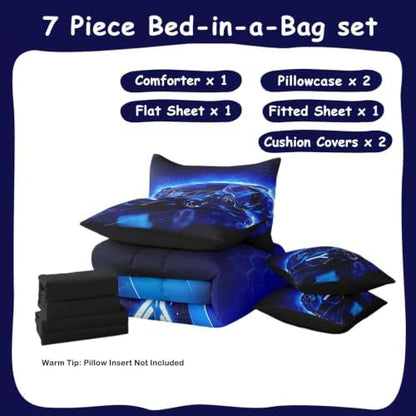 Feelyou Kids Boys Sports Car 7 Piece Bedding Set Queen Size Blue Race Car Comforter Set with Sheets for Kids Teens Boys Girls Extreme Sports Theme Bed in a Bag Speed Luxury Car Bed Set