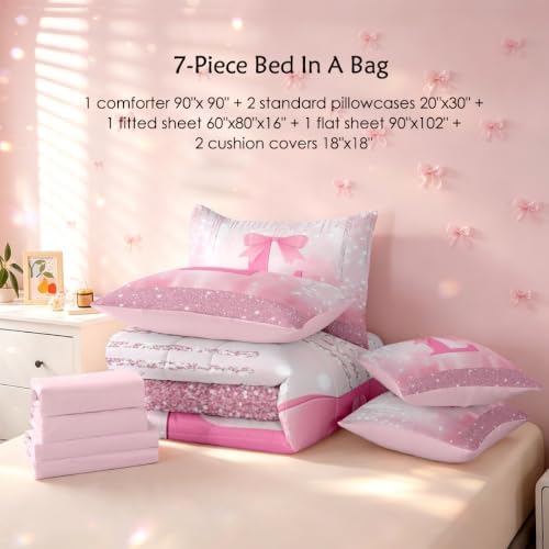 Feelyou Kids Pink Bowknot Comforter Set with Sheets Queen Size