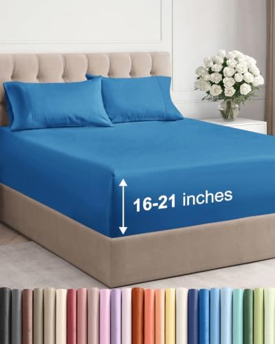Extra Deep Pocket Queen Size Sheet Set - Breathable & Cooling - Denim Blue