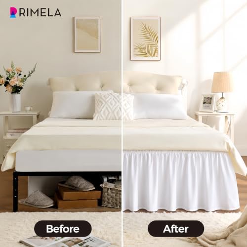 RIMELA White Bed Skirt King Size 15 Inch Drop, Elastic Bed Skirting for Bed Base and Frame, Bedding Dust Ruffle, Lightweight Wrap Around Adjustable Bedskirt, Cal King
