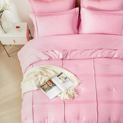 Yogeneg Full Size Comforter Set 7 Piece Bed in a Bag,Grid Pinch Pleat Pink Bedding Set,Striped Textured Soft Microfiber Comforter with Sheet Set,All Season Complete Bed Set(Pink,Full)