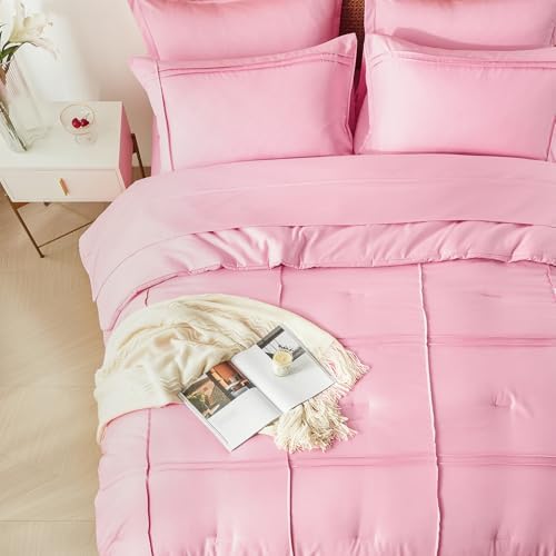 Yogeneg King Size Comforter Set 7 Piece Bed in a Bag,Grid Pinch Pleat Pink Bedding Set,Striped Textured Soft Microfiber Comforter with Sheet Set,All Season Complete Bed Set(Pink,King)