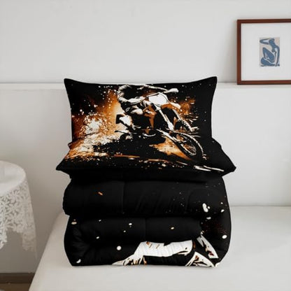 Feelyou Dirt Bike Queen Size Comforter Set for Kids Boys Girls Decor Motorbike Comforter Cover Breathable Soft Lightweight Microfiber Extreme Sports Fashion Motorcycle Bedroom Decor Quilt Set