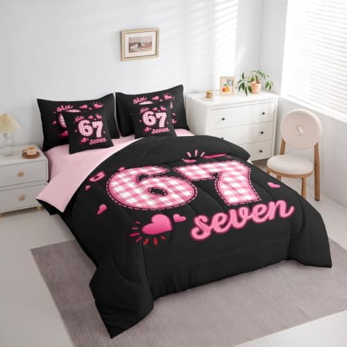 Erosebridal Pink Plaid 67 Girls King Bedding Set 7 Piece Cute Kawaii Princess Bed in A Bag with Sheets Romantic Coquette Comforter Set for Kids Teen Women,Girly Fashion Number Print Bed Set
