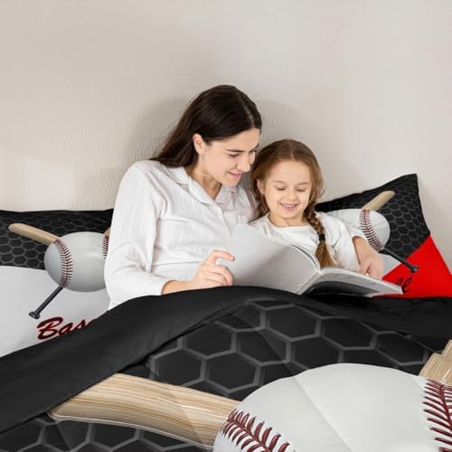 Castle Fairy Teens 3D Baseball Comforter Set Full Size,Ball Sports Game Lovers Bedding Set for Kids Boys Adult Bedroom Decoration,Geometric Bed Duvet Insert,Black Gray Red Comforter with 2 Pillowcase