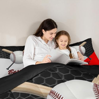 Castle Fairy Teens 3D Baseball Comforter Set Full Size,Ball Sports Game Lovers Bedding Set for Kids Boys Adult Bedroom Decoration,Geometric Bed Duvet Insert,Black Gray Red Comforter with 2 Pillowcase