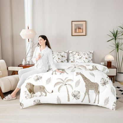 Erosebridal Jungle Animals 7 Piece Bedding Set Twin Elephant Lion Giraffe Animal Comforter Set with Sheets African Bed in A Bag Hunter Brown Wildlife Bed Sets with 2 Pillowcases, 2 Throw Pillow Covers