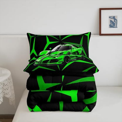 Castle Fairy Extreme Sport Theme Green Racing Car Comforter Set Twin Size,Abstract Geometric Lines Bedding Set,Kids Boys Adults Bedroom Decor,Race Car Super Soft Duvet Insert,1 Pillowcase