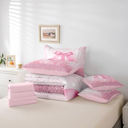 Feelyou Boys Girls Pink Bowknot 7 Pieces Bedding Set Full Size