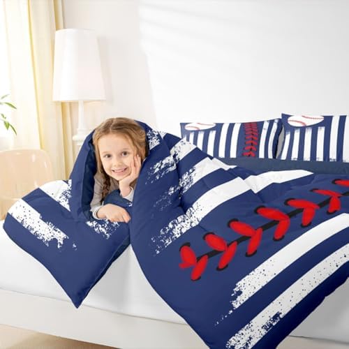 Castle Fairy Boys Baseball Comforter Set Full Size,Navy Blue Red Duvet Set for Kids Teens Men Women Bedroom Decor,Ball Sports Softball Games Microfiber Soft Bedding 3Pcs for Baseball Lover
