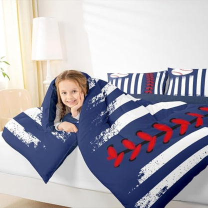 Castle Fairy Boys Baseball Comforter Set Full Size,Navy Blue Red Duvet Set for Kids Teens Men Women Bedroom Decor,Ball Sports Softball Games Microfiber Soft Bedding 3Pcs for Baseball Lover