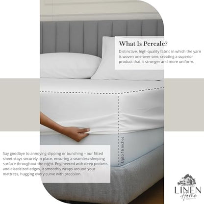 Linen Home 100% Cotton Percale Sheets Twin Size Pack of 2, White, Deep Pocket, 6 Pieces Set- 2 Flat, 2 Fitted and 2 Pillowcases, Crisp Cool and Long Staple Strong Bed Linen