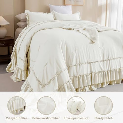 Masaca Oversized King Comforter 128x120,Farmhouse Shabby Boho Chic Ruffled Bedding Comforter Set,3Pcs Ivory Ruffle Extra Large King Size Comforter Sets French Country Rustic Bedding Set Ultra Soft