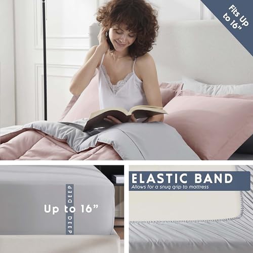 Nestl 9 Piece California King Comforter Set – Blush Pink Reversible Bed in a Bag – Complete Cal King Size Bedding Set with Sheets, Set of 2 Cooling Pillows, Pillowcases and Shams