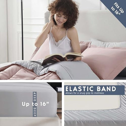 Nestl 9 Piece California King Comforter Set – Blush Pink Reversible Bed in a Bag – Complete Cal King Size Bedding Set with Sheets, Set of 2 Cooling Pillows, Pillowcases and Shams