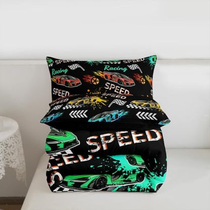 Erosebridal Cartoon Sports Car Comforter for Kids Boys Girls,Colorful Racing Car Toddler Bedding Set,Extreme Sport Games Duvet Insert,Cool Speed Cars Quilt Bedroom Decor