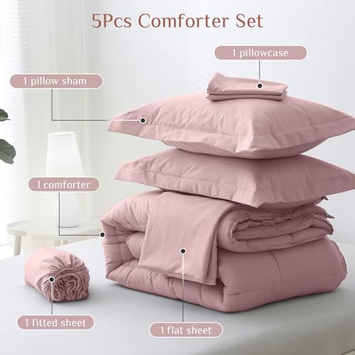JOLLYVOGUE Twin Comforter Set, Ultra-Soft Bed in a Bag Twin Size 5 Pieces, Oeko-TEX Certified Bedding Set with Down Alternative Comforter, Sheets, Pillowcases & Shams, Camio Pink