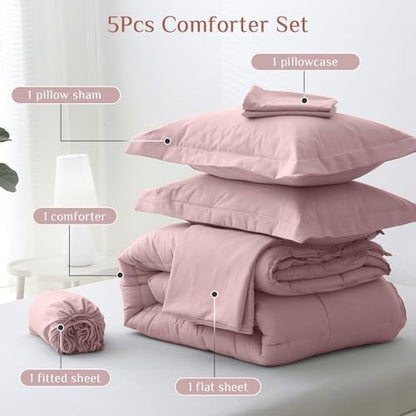 JOLLYVOGUE Twin Comforter Set, Ultra-Soft Bed in a Bag Twin Size 5 Pieces, Oeko-TEX Certified Bedding Set with Down Alternative Comforter, Sheets, Pillowcases & Shams, Camio Pink