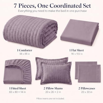 CozyLux Queen Comforter Set, 7 Pieces Dusty Purple Seersucker Bed in a Bag