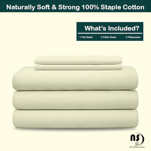 NON Sticky cotton Adjustable Split King Sheet Set for Sleep Number Beds, Premium 100% Long Staple Cotton Bedding, Two Twin XL 39" X 80" Fitted Sheets Fits Up to 18" Deep Mattress, Ivory Solid