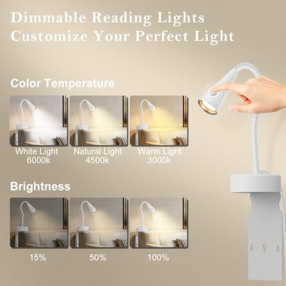 Headboard Reading Light, White Bedside Lamp, No-Drill Book Light for Bedtime Reading, Dimmable LED, Flexible Gooseneck, 360°Adjustable, Plug-in Reading Lamp Movable-1 Pack