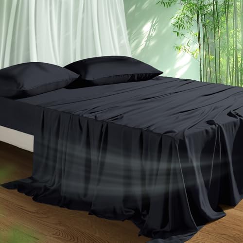 Cooling Sheets Set Cal King Size, Viscose Derived from Bamboo for Hot Sleepers | Deep Pocket Up to 16 Inch | Silky Soft & Breathable Bedding - 4PC (Cal King, Black)