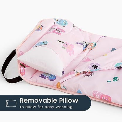 Wake In Cloud - Cot Nap Mat with Pillow and Blanket, for Toddler Kids Girls in Daycare Kindergarten Preschool Pre K with Elastic Corner Straps, Cute Butterfly Flowers, Pink