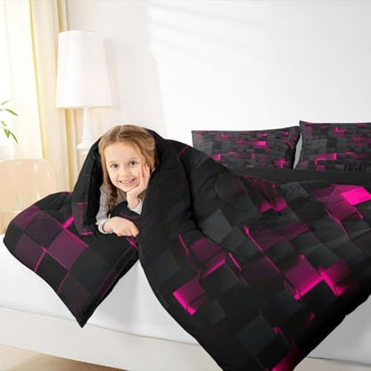 Erosebridal Black Hot Pink Comforter Set Full Neon Geometric Checkered Bedding Set for Girls Teen Women Abstract Stereoscopic Grids Quilt Square Plaid Bed Set 3 Pcs Gamer Room Decor