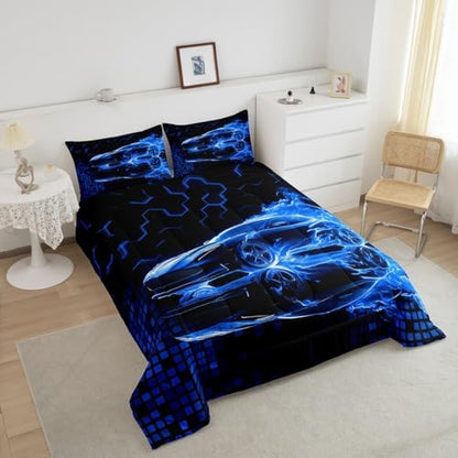 Feelyou Race Car Flame Comforter Set for Kids Boys Teens Queen Size Speed Sports Bedding Set Ultra Soft Honeycomb Duvet Quilt Games Car Comforter Bedroom Decor Cool Modern Grid Duvet Quilt