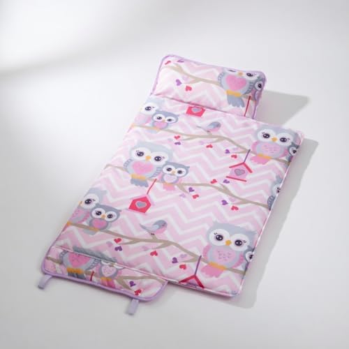 EVERYDAY KIDS Nap Mat with Removable Pillow - Carry Handle with Straps Closure, Rollup Design, Soft Microfiber for Preschool, Daycare, Travel Sleeping Bag - Sweet Owls