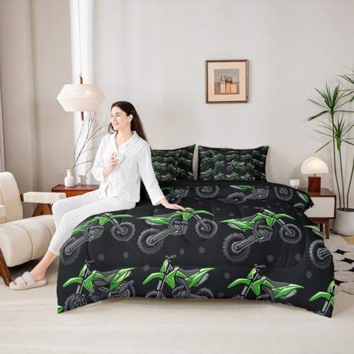Erosebridal Boys Green Motocross King Comforter Set with Sheets, Dirt Bike Bed in A Bag, Racing Motocross 7 Pcs Bedding Set, Cool Motorcycle Black Bed Sets for Kids Teens Youth Men Bedroom Decor