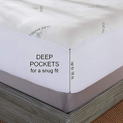 Queen Mattress Protector by PURE BAMBOO, Waterproof - Viscose Derived from Bamboo, Breathable, Noiseless Mattress Cover Protects Against Moisture, Spills, Stains (Queen)