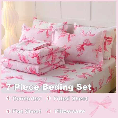 7 Piece Pink Bow Bedding Set for Girls Kids Queen Size Reversible Bowknot Comforter Set Super Soft Bed in a Bag Microfiber Lightweight Bed Set for Teens Room Decor