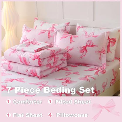 7 Piece Pink Bow Bedding Set for Girls Kids Queen Size Reversible Bowknot Comforter Set Super Soft Bed in a Bag Microfiber Lightweight Bed Set for Teens Room Decor