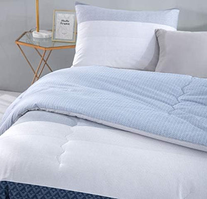 SLEEPBELLA Comforter Queen Size, 600 Thread Count Cotton White and Navy Striped Patchwork Reversible Pattern Reversible Blue Comforter Set,Down Alternative Bedding Set 3Pcs (Queen, Blue Patchwork)