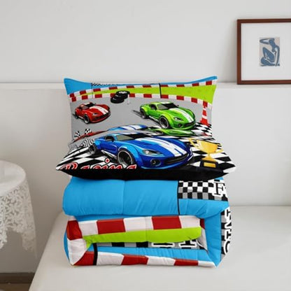 Feelyou Speed Sports Car Bedding Set Soft for Boys Girls, Steering Wheel Comforter Set King Size Racing Duvet Quilt Microfiber Extreme Sports Bedroom Decor Automobile 3 Pcs with 2 Pillow Cases