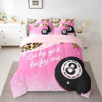 Pink Girly Fashion Y2K King Comforter Set 7 Piece Trendy Leopard Lucky 8 Ball Bedding Set For Kids Girls Teen,Cheetah Print Bow Bed In A Bag Preppy Room Decor,Fashion Coquette Aesthetic Bed Set
