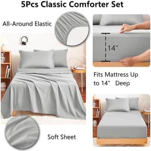 CozyLux Twin Comforter Set 68"x88" Light Grey - 5 Piece Bed in a Bag