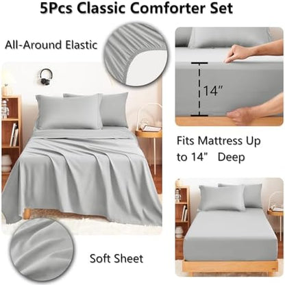 CozyLux Twin Comforter Set 68"x88" Light Grey - 5 Piece Bed in a Bag